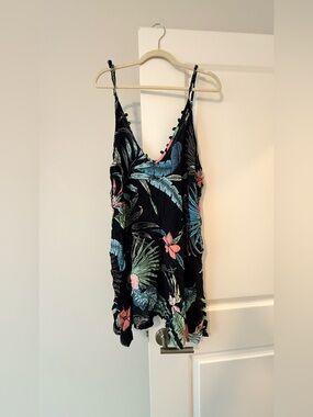 Lagaci Black Tropical Print Slip Dress with Blue and Pink Accents